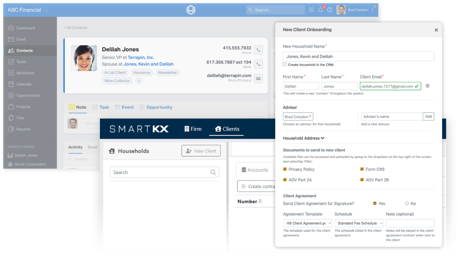 Screenshot of Smart Kx onboarding with Wealthbox CRM contact data